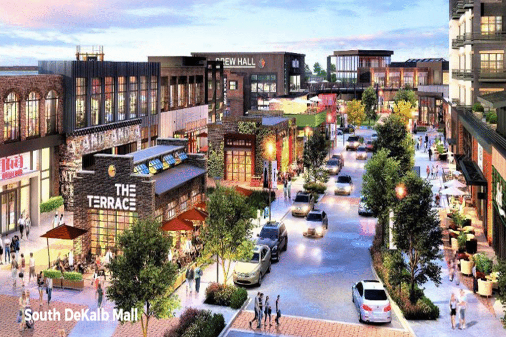 Modern mixed-use development plan for the South DeKalb Mall revitalization project.