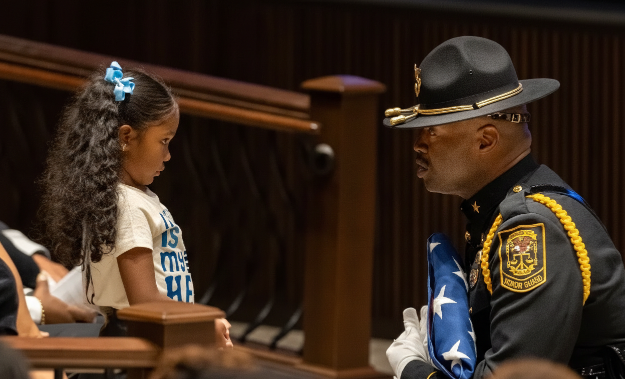 A police officer in dress uniform talking to a young girl at a formal ceremony.