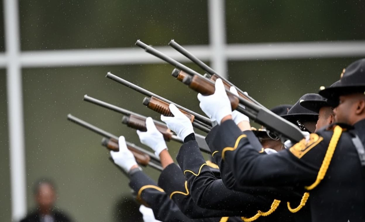 Honor guard performing a multi-gun salute at a memorial service.
